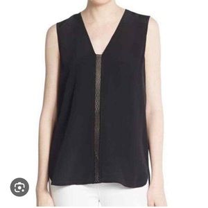 Vince Women's Black Silk Tank Top W/ Leather Trim Sz M #0373
